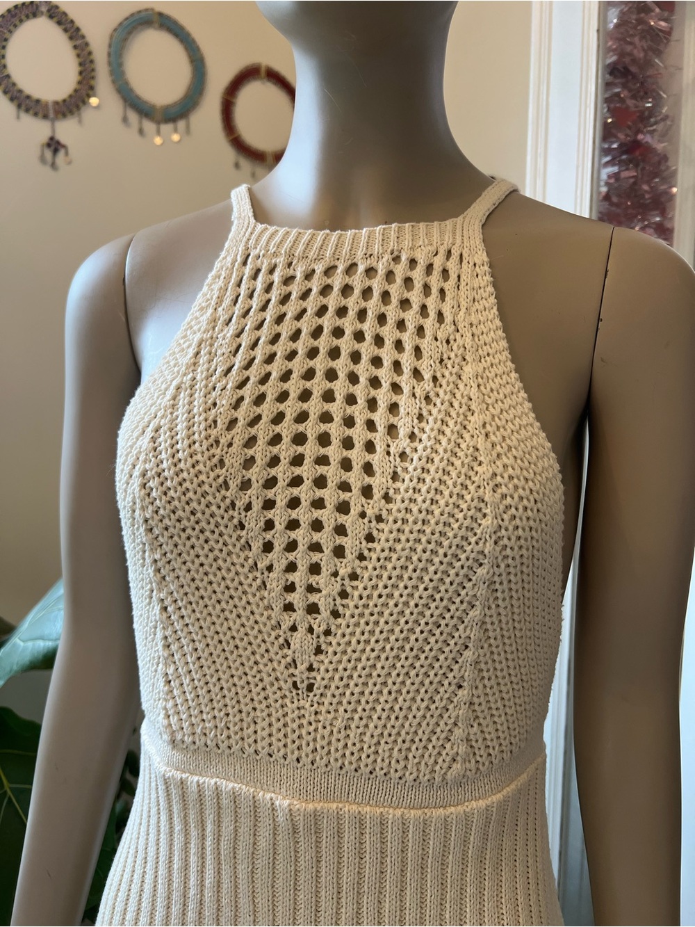 Zara Openwork Halter Knit Mini Dress Ecru Cream Size Small